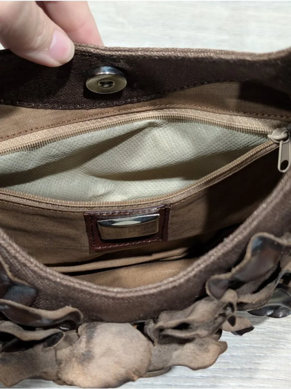 Paolo Masi Italian Leather and Brown Canvas Shoulder Bag Floral Applique Boho